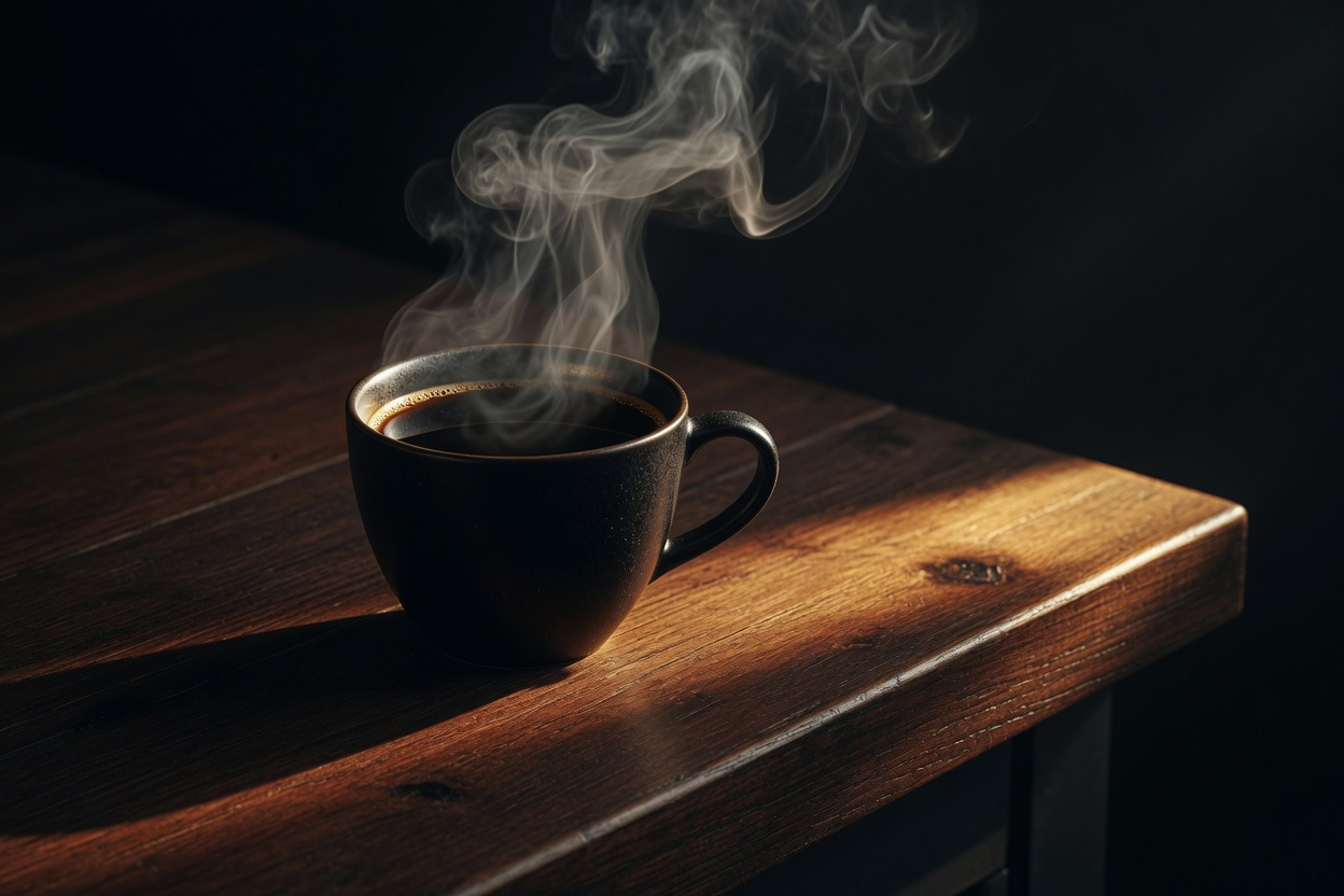 A black cup of coffee on a dark wood counter