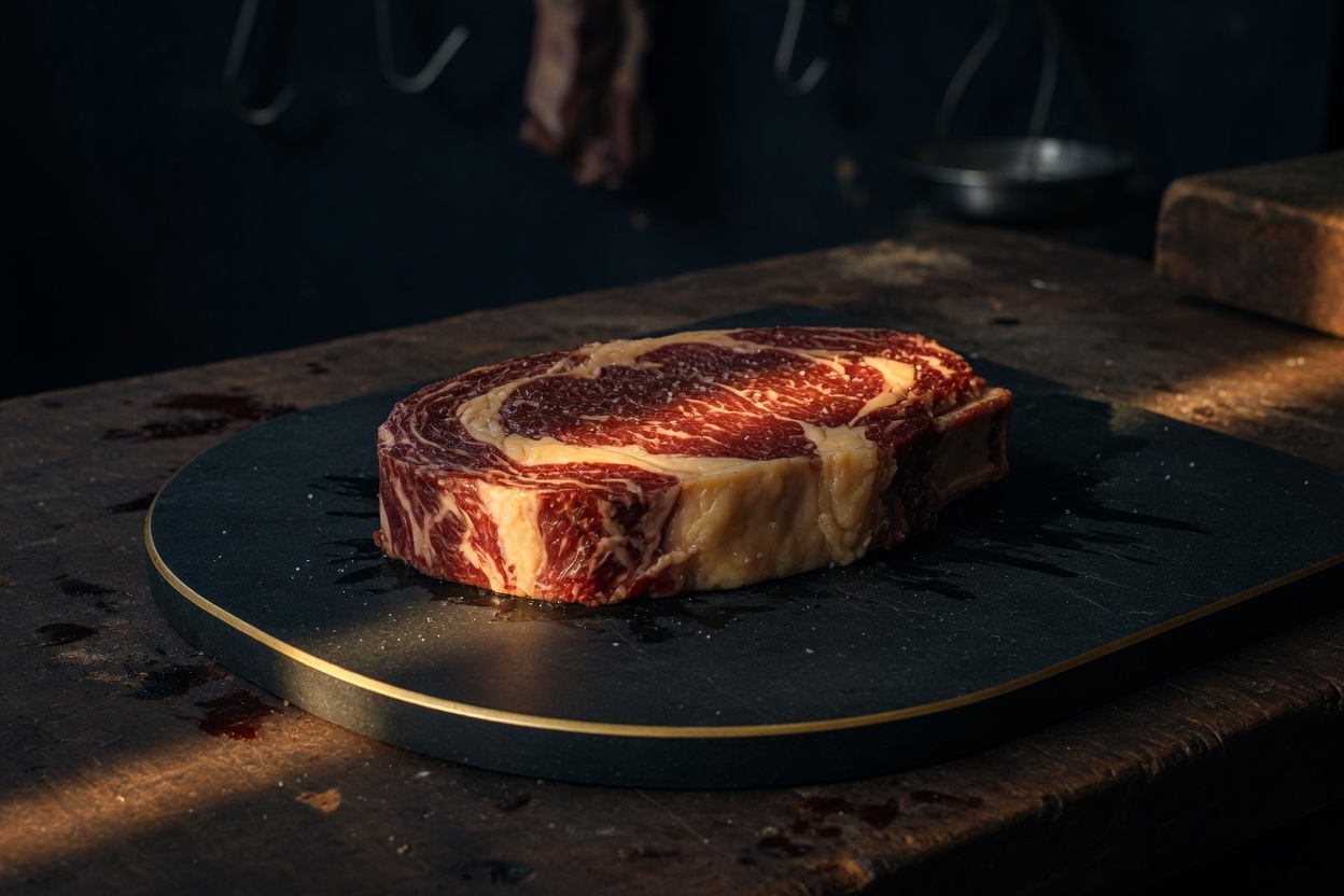 A raw Wagyu ribeye on a black board with a gold rim